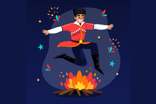 دانلود وکتور EPS و Ai لایه باز شامل پریدن پسری با لباس محلی از روی آتش ویژه روز چهارشنبه سوری